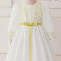 Girls White Embellished Maxi Dress With Puff Sleeves Casual Dresses
