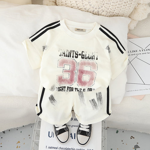 Boys Off White Shoulder Striped Raglan Sleeves T-Shirt With Shorts Set 2 pc. Sets Off White 1-2 Y