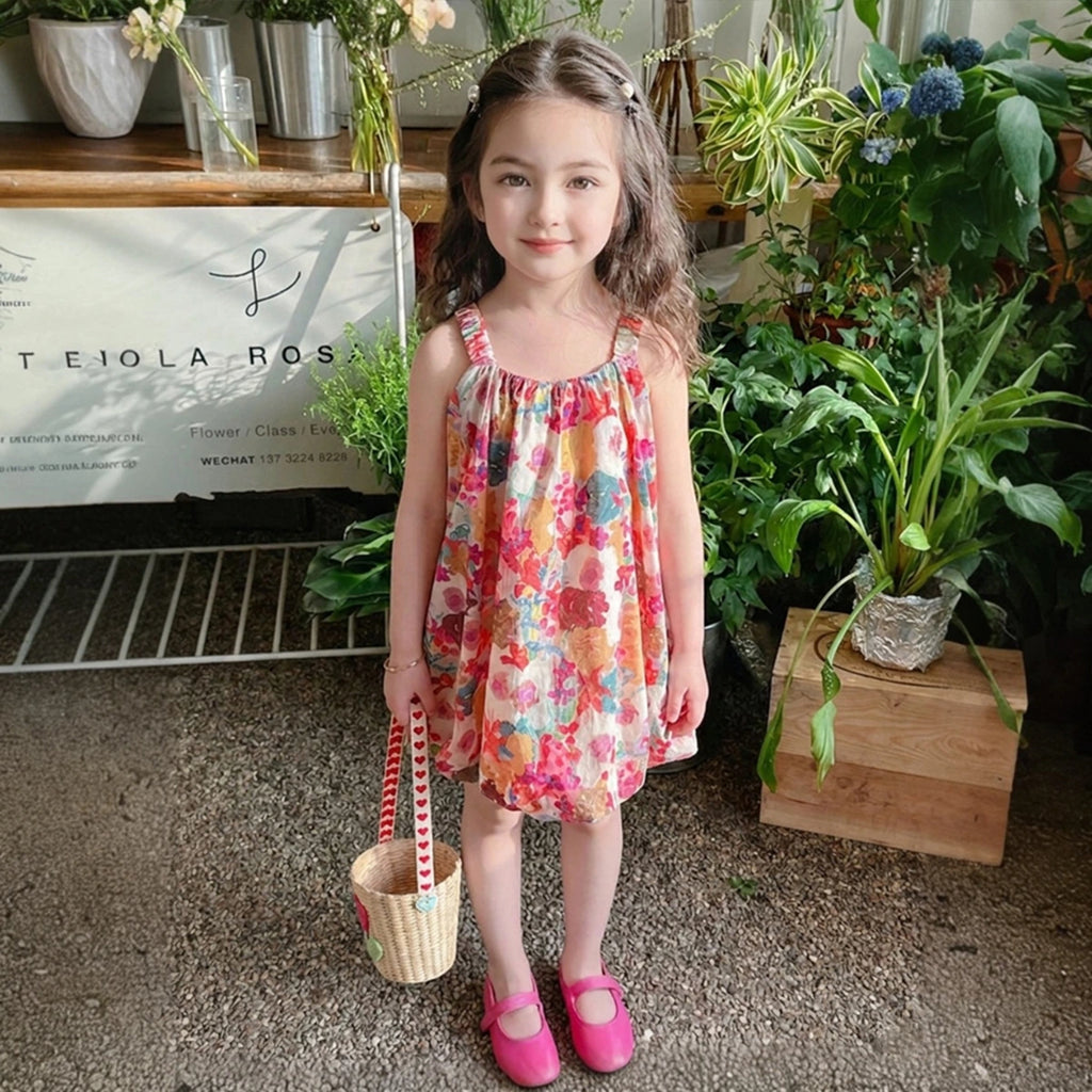 Girls Multicolor Floral Print Sleeveless Balloon Dress Casual Dresses Multicolor 1-2 Y