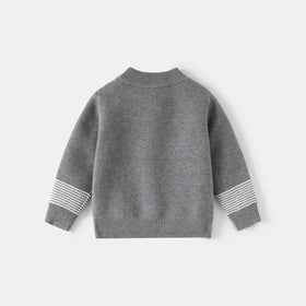 Boys Grey Zipper Cardigan With Self-Design Stripe Patterns Sweaters & Cardigans
