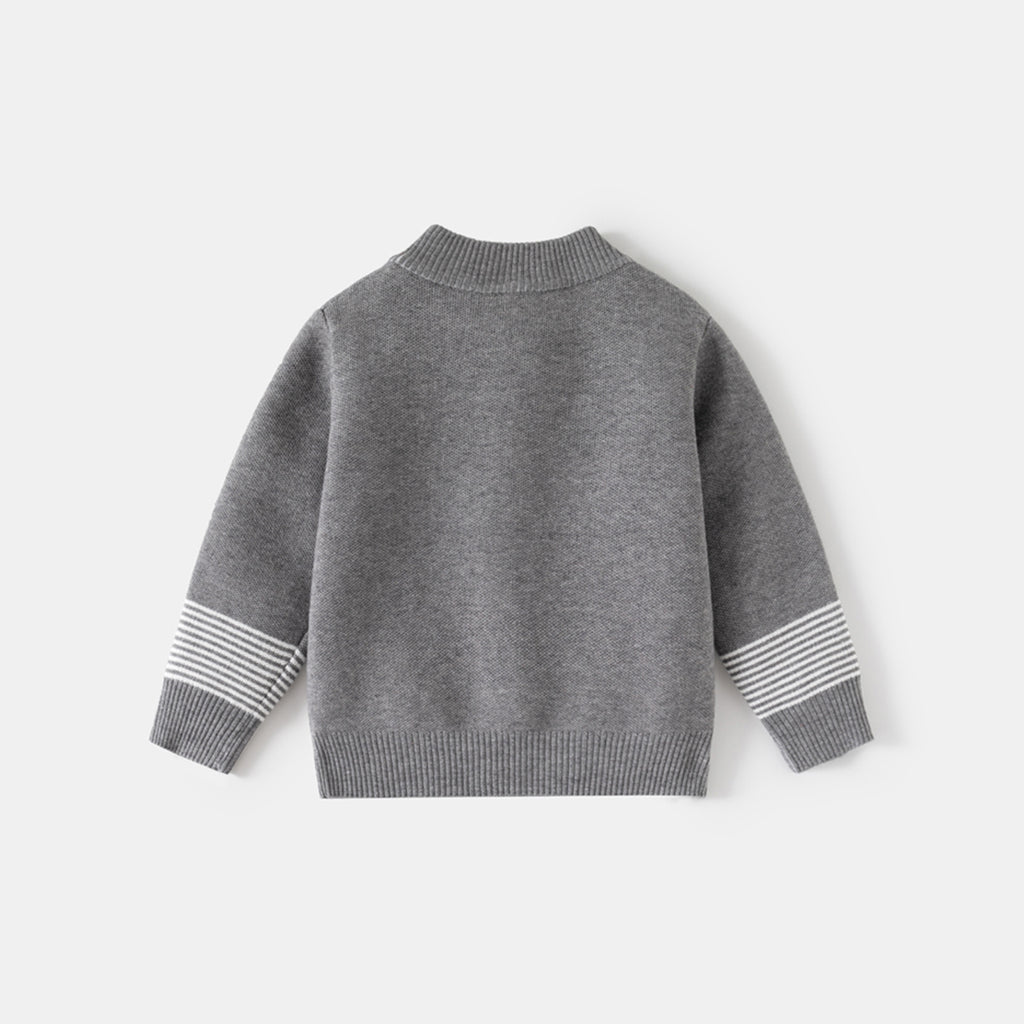 Boys Grey Zipper Cardigan With Self-Design Stripe Patterns Sweaters & Cardigans