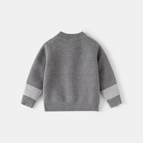 Boys Grey Zipper Cardigan With Self-Design Stripe Patterns Sweaters & Cardigans