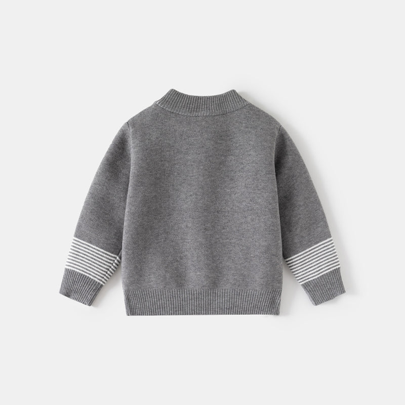 Boys Grey Zipper Cardigan With Self-Design Stripe Patterns Sweaters & Cardigans