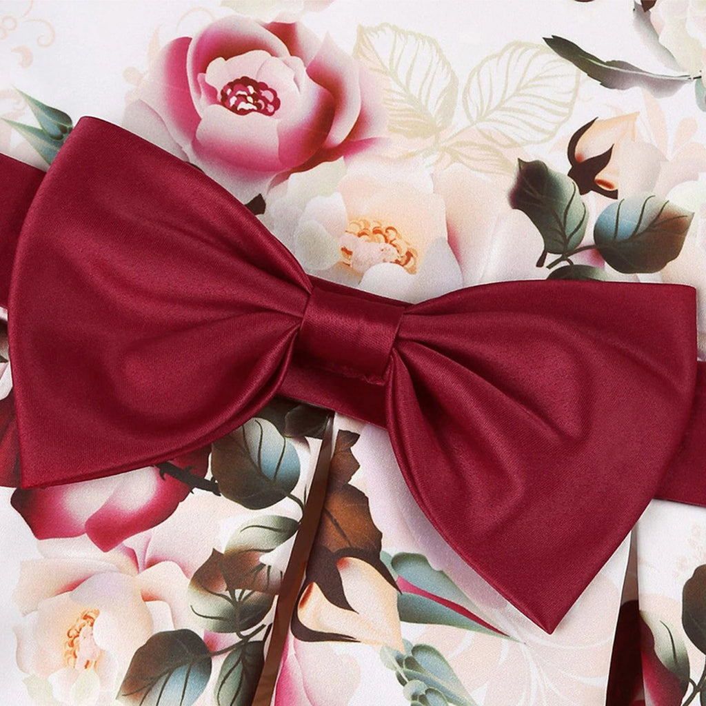 Girls Off White Floral Printed Sleeveless Fit & Flare Dress With Bow Detail Casual Dresses