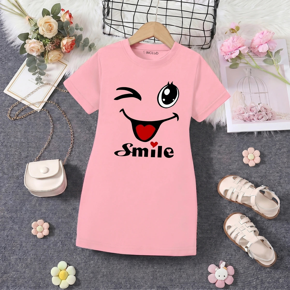 Girls Pink Smile Print Short Sleeve T-Shirt Dress Casual Dresses Pink 4-5 Y