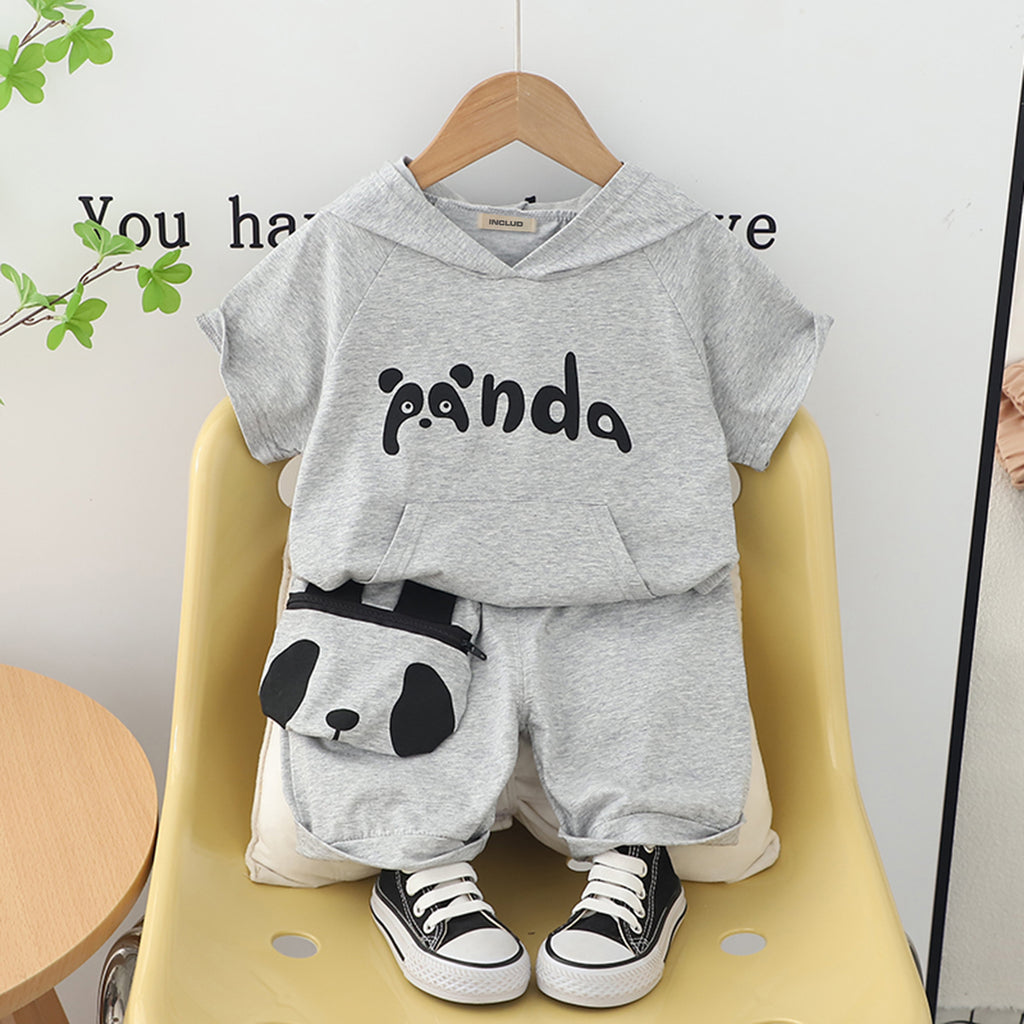 Boys Grey Melange Panda Printed Hooded T-Shirt with Shorts Set Sets Grey 1-2 Y