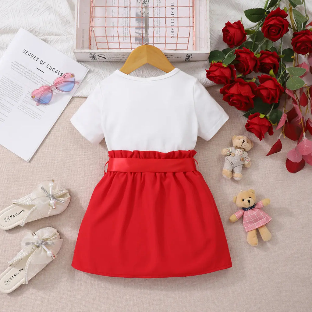 Girls White Graphics Short Sleeves T-Shirt With Skirt Sets Sets