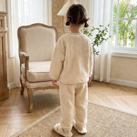 Girls Beige Typographic Embroidered Long Sleeves Top With Pants Sets Sets