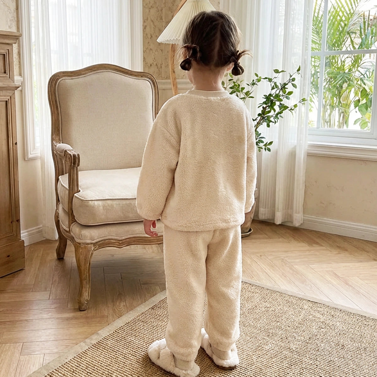 Girls Beige Typographic Embroidered Long Sleeves Top With Pants Sets Sets