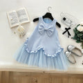 Girls Light Blue Bow Applique Sleeveless A-line Dress Casual Dresses Light Blue 1-2 Y
