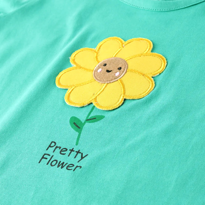Girls Green Flower Graphic Short Sleeves Top With Printed Shorts Sets Sets