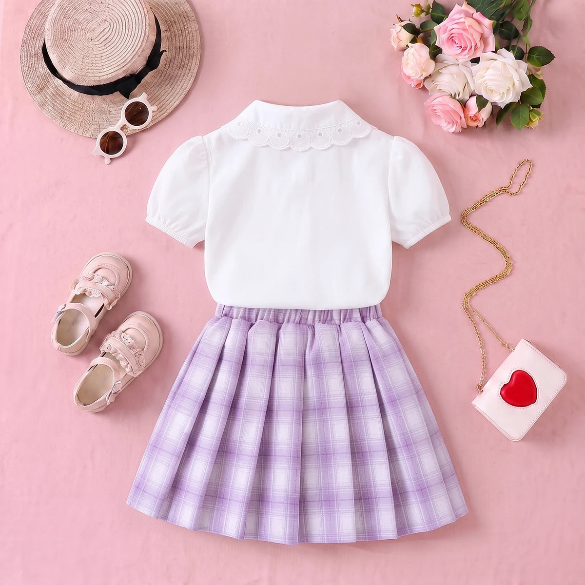 Girls White Puff Sleeve Shirt With Checked Pleated Skirt Sets 2 pc. Sets