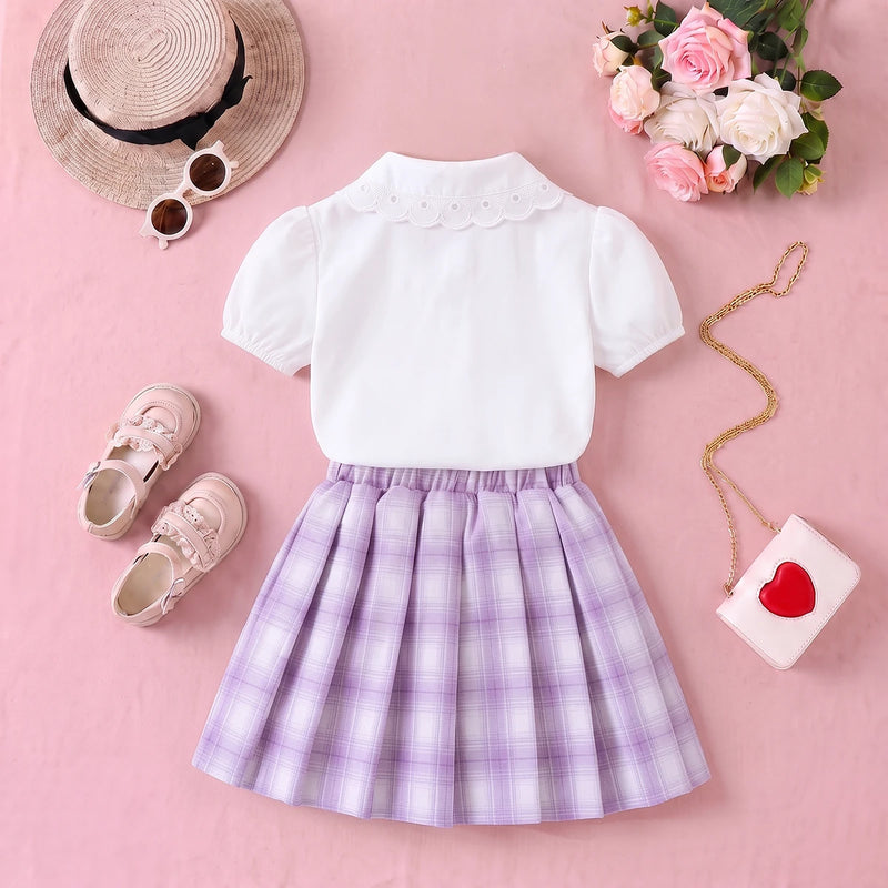 Girls White Puff Sleeve Shirt With Checked Pleated Skirt Sets 2 pc. Sets