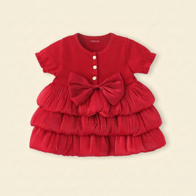 Girls Red Solid Layered Ruffle Dress With Bow Casual Dresses