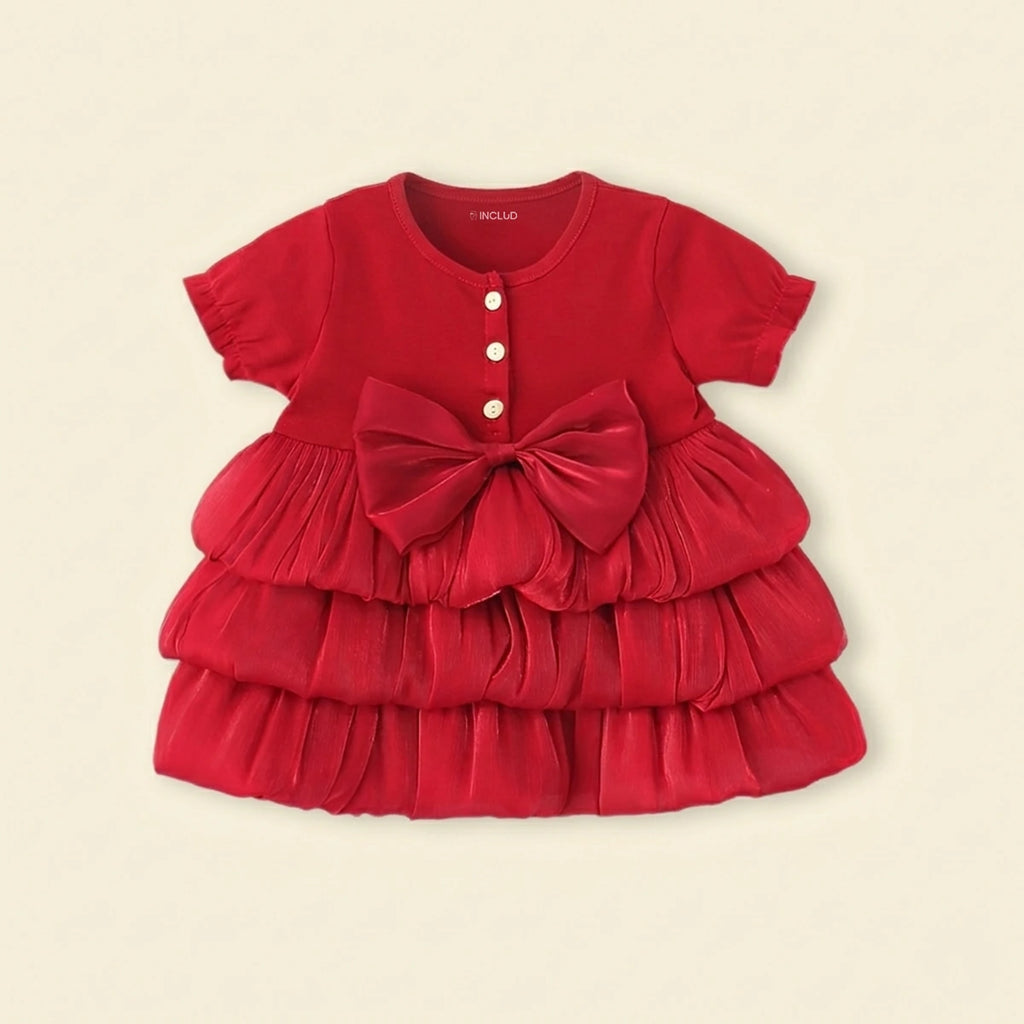 Girls Red Solid Layered Ruffle Dress With Bow Casual Dresses