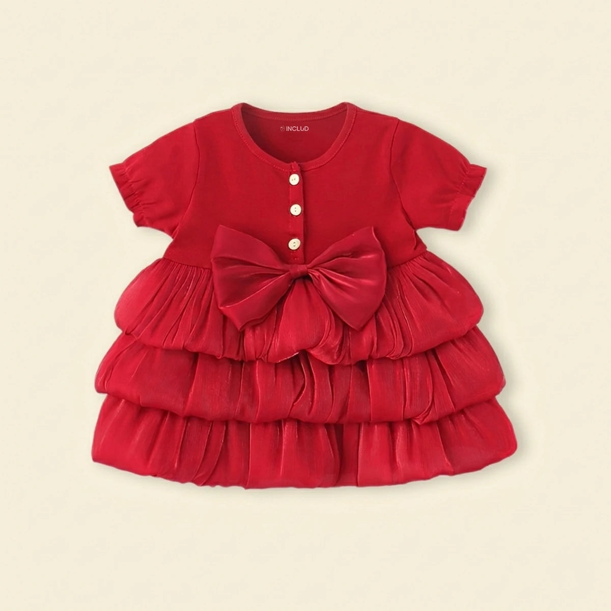 Girls Red Solid Layered Ruffle Dress With Bow Casual Dresses