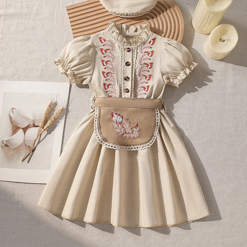 Girls Beige Floral Embroidered Fit & Flare Dress With Puff Sleeves Casual Dresses Beige 2-3 Y