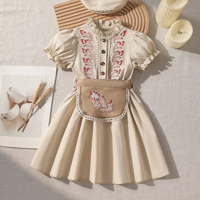 Girls Beige Floral Embroidered Fit & Flare Dress With Puff Sleeves Casual Dresses Beige 2-3 Y