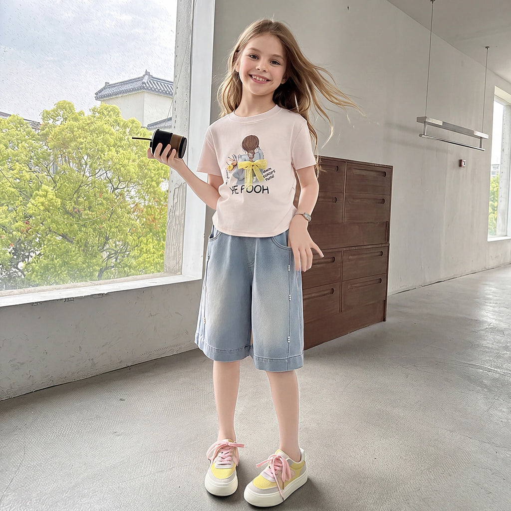 Girls Light Blue Pearl Embellished Relaxed Fit Denim Shorts Shorts Light Blue 5-6 Y