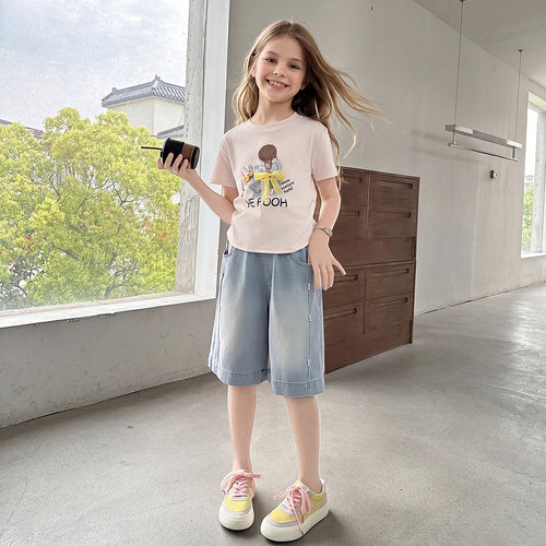 Girls Light Blue Pearl Embellished Relaxed Fit Denim Shorts Shorts Light Blue 5-6 Y
