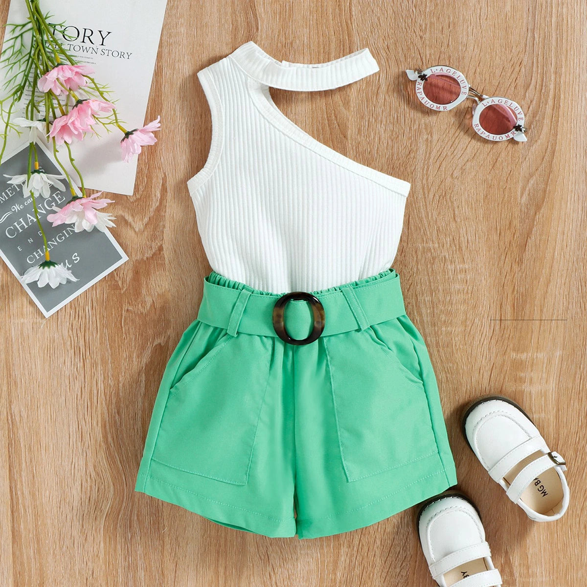 Girls White One Shoulder Ribbed Top With Shorts Sets 2 pc. Sets White 1-2 Y