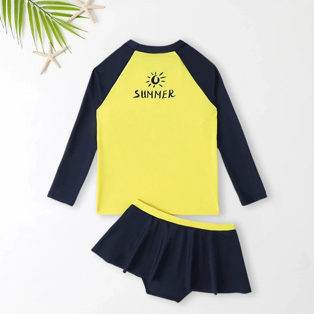 Girls Yellow Typographic Printed T-Shirt With Skorts Swimwear Sets Sets