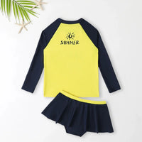 Girls Yellow Typographic Printed T-Shirt With Skorts Swimwear Sets Sets