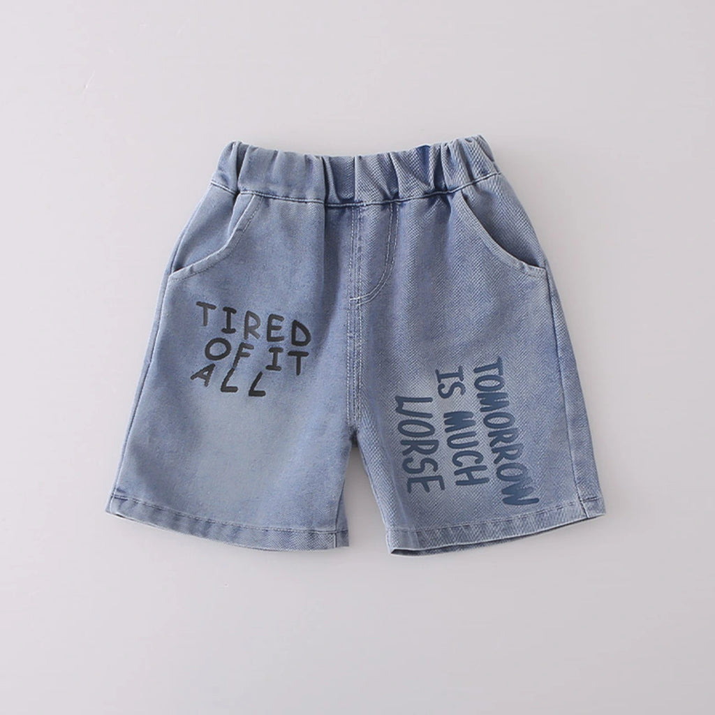 Boys Navy Blue Graphics Polo T-Shirt With Printed Denim Shorts Set Sets