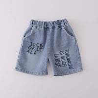 Boys Navy Blue Graphics Polo T-Shirt With Printed Denim Shorts Set Sets