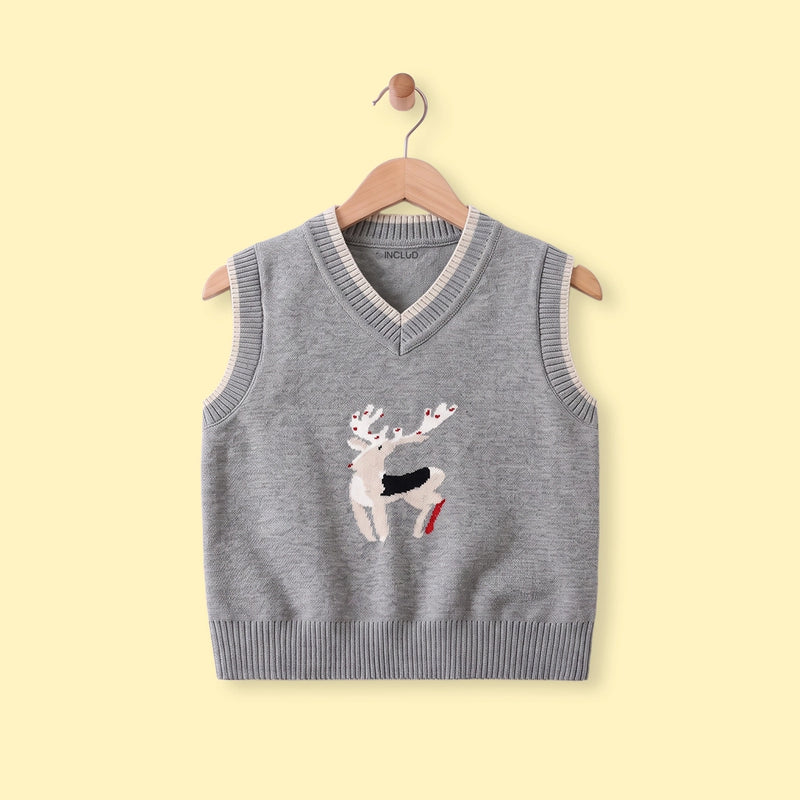 Boys Grey Jacquard V-Neck Sweater Vest Sweaters & Cardigans Grey 1-2 Y