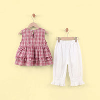Girls Pink Checked Sleeveless Layered Top With Pants Sets 2 pc. Sets