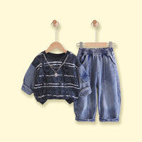Boys Navy Blue Striped Sweatshirt With Denim Pants Sets 2 pc. Sets Navy Blue 1-2 Y
