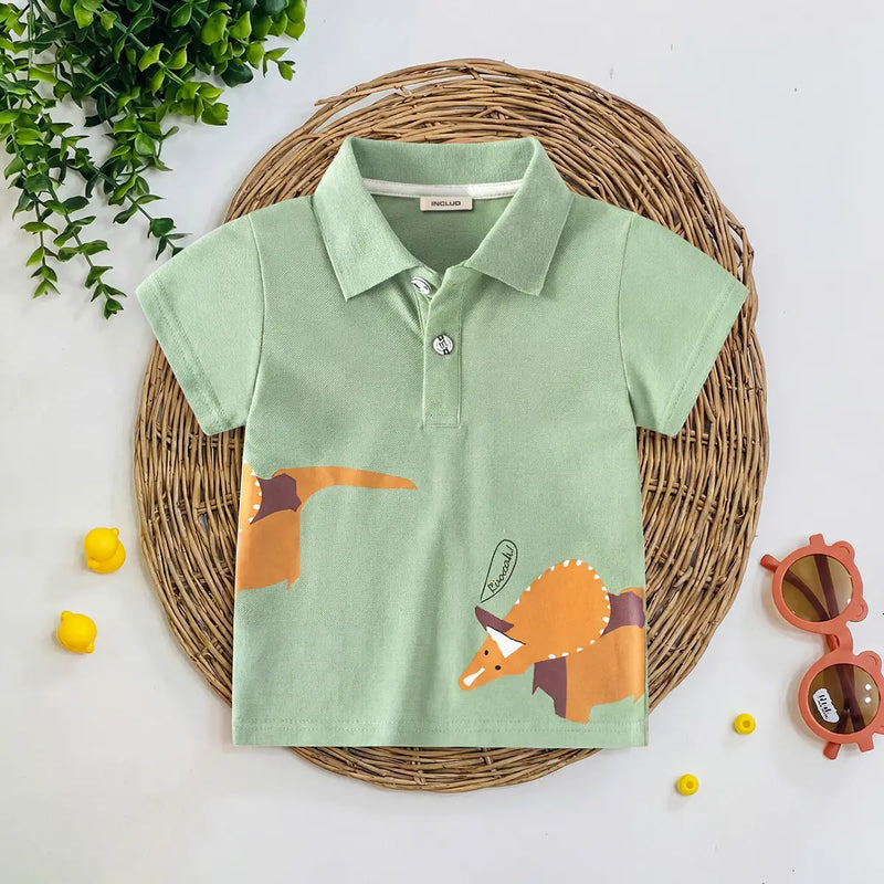 Boys Green Animal Cartoon Printed Short Sleeves Polo T-Shirt Tshirts Green 1-2 Y