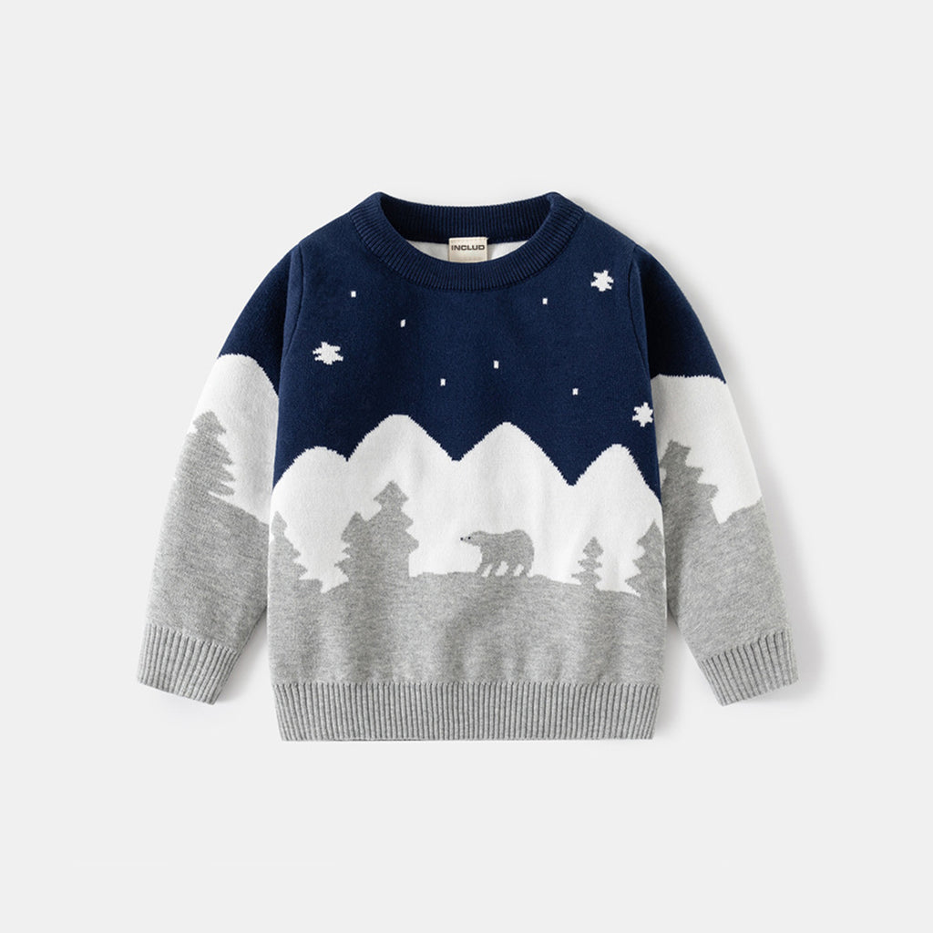 Boys Navy Blue Self-Design Jacquard Regular Sweater Sweaters & Cardigans