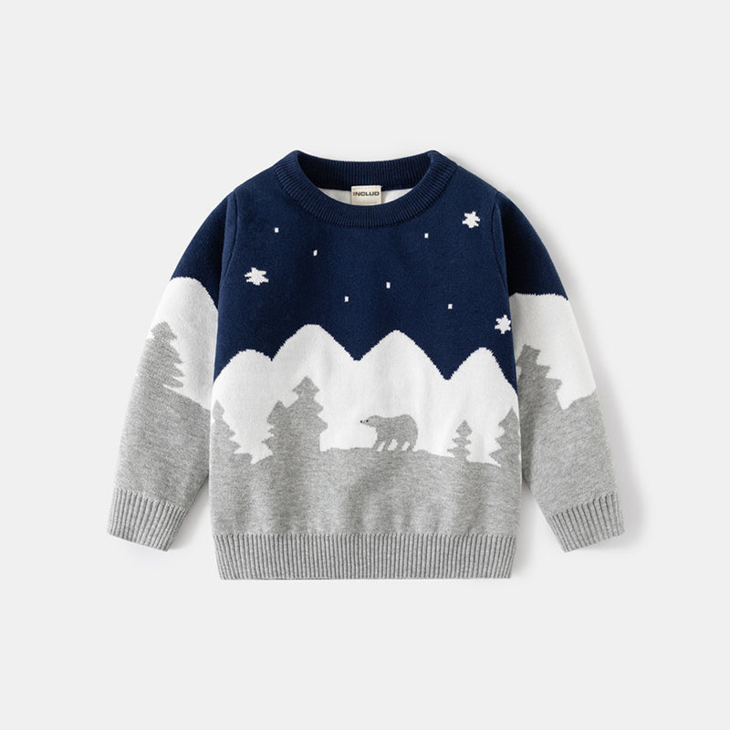 Boys Navy Blue Self-Design Jacquard Regular Sweater Sweaters & Cardigans