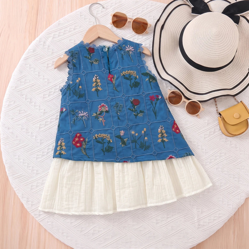 Girls Blue Sleeveless Floral Embroidered A-line Dress Casual Dresses