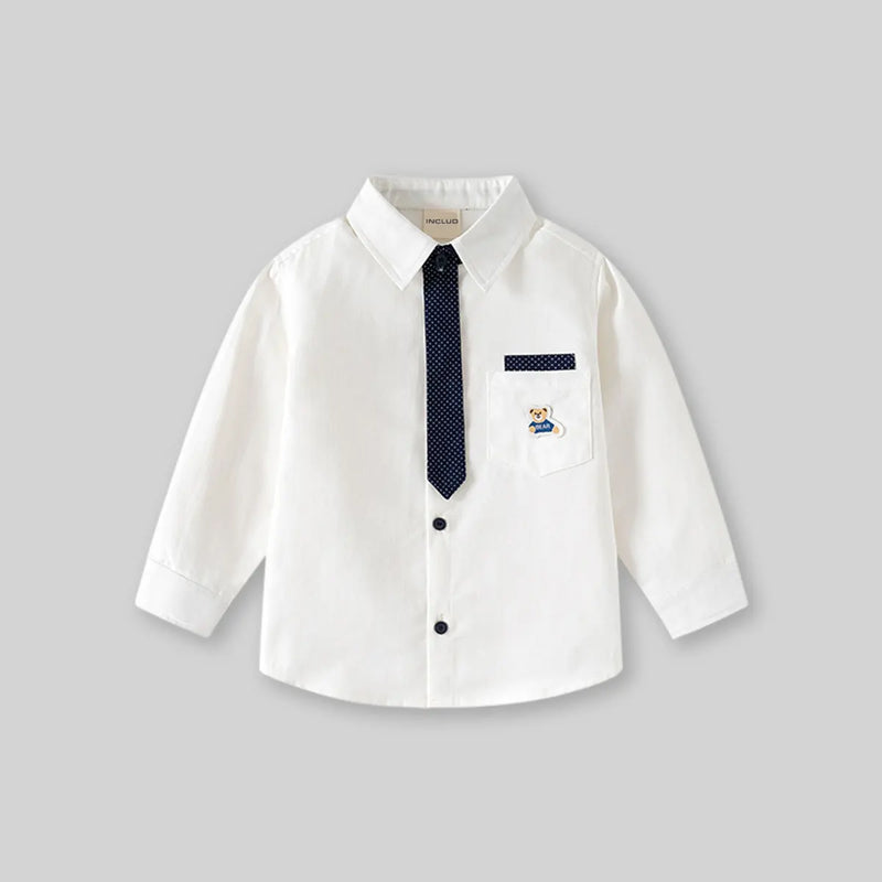 Boys White Long Sleeves Shirt With Attached Neck-tie Shirts