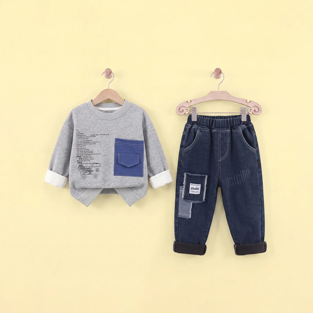Boys Grey Typographic Printed Sweatshirt With Denim Pants Set Sets Grey 1-2 Y