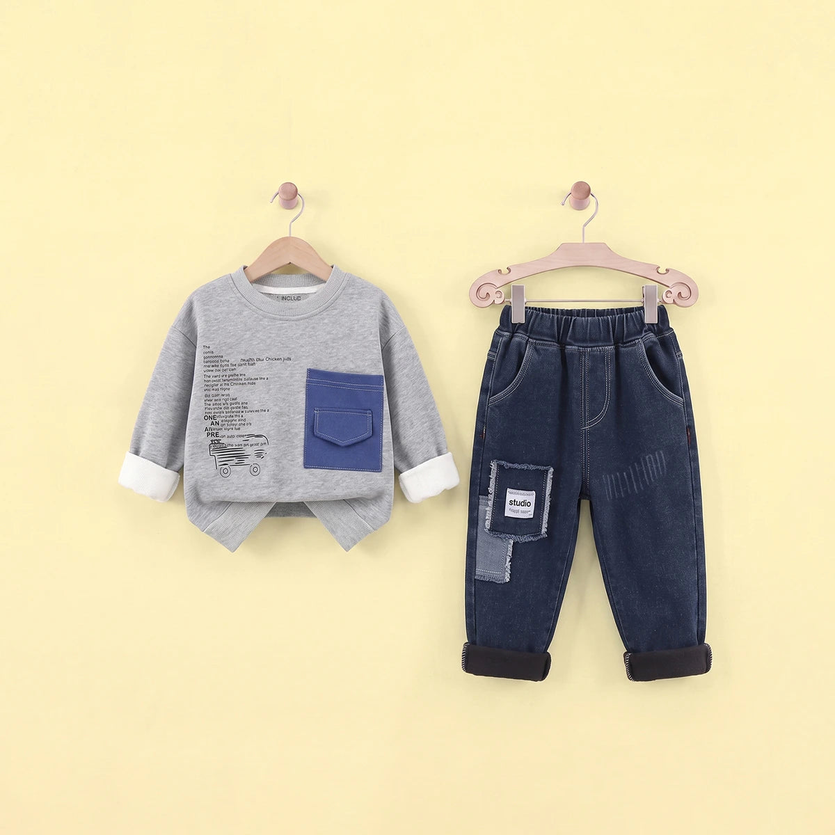 Boys Grey Typographic Printed Sweatshirt With Denim Pants Set Sets Grey 1-2 Y