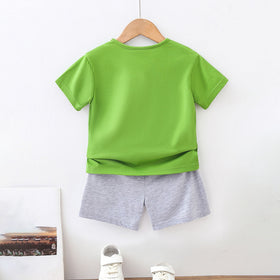 Boys Green Printed T-shirt with Grey Melange Shorts Set Sets