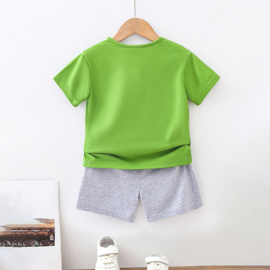 Boys Green Printed T-shirt with Grey Melange Shorts Set Sets