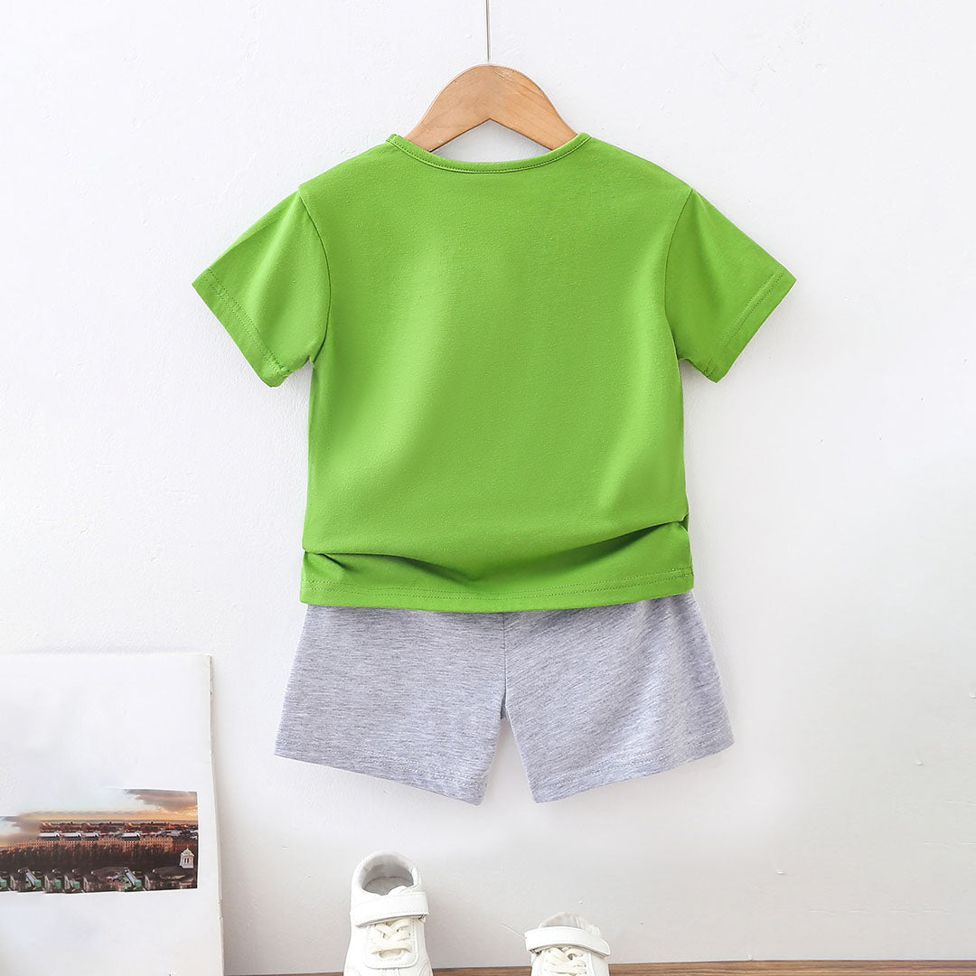 Boys Green Printed T-shirt with Grey Melange Shorts Set Sets