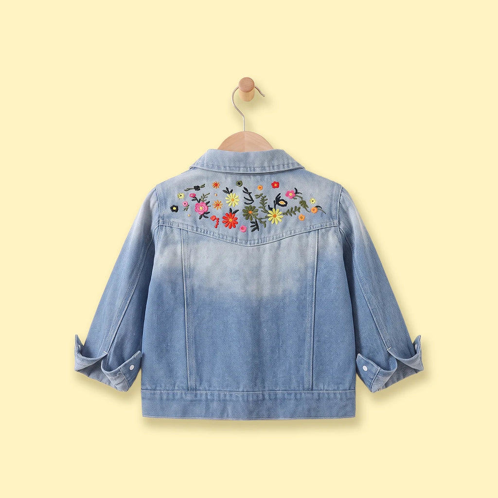 Girls Blue Floral Embroidered Long Sleeve Denim Jacket Coats & Jackets