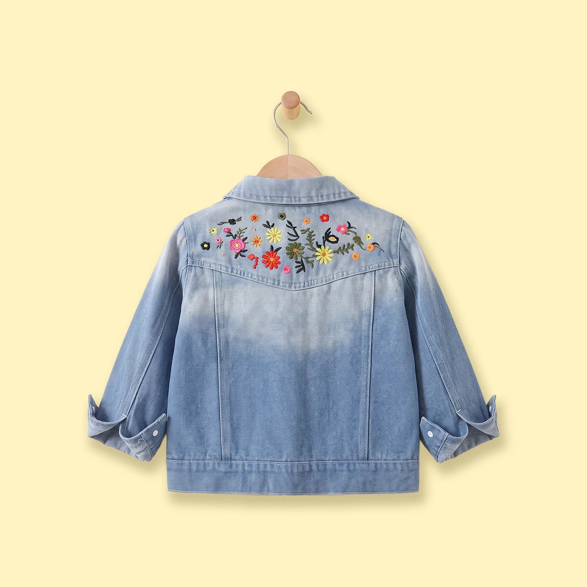 Girls Blue Floral Embroidered Long Sleeve Denim Jacket Coats & Jackets