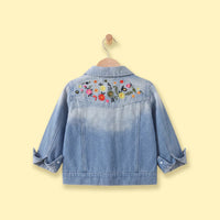 Girls Blue Floral Embroidered Long Sleeve Denim Jacket Coats & Jackets