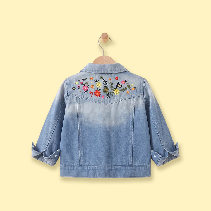 Girls Blue Floral Embroidered Long Sleeve Denim Jacket Coats & Jackets