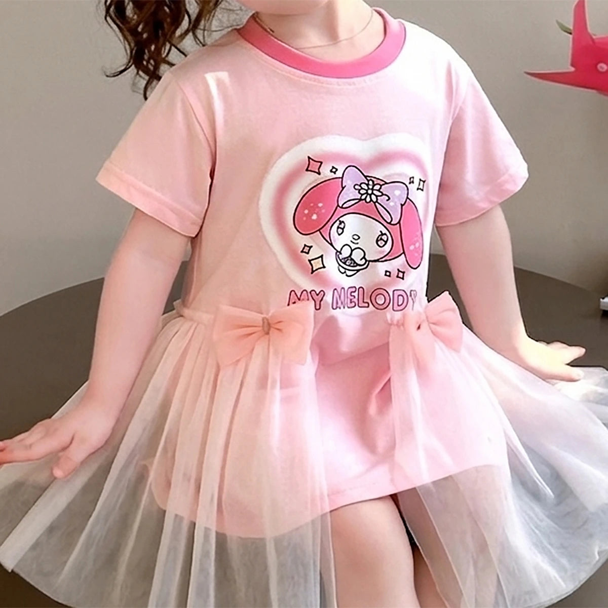 Girls Pink Printed Round Neck T-shirt Dress with Bow Detail Casual Dresses