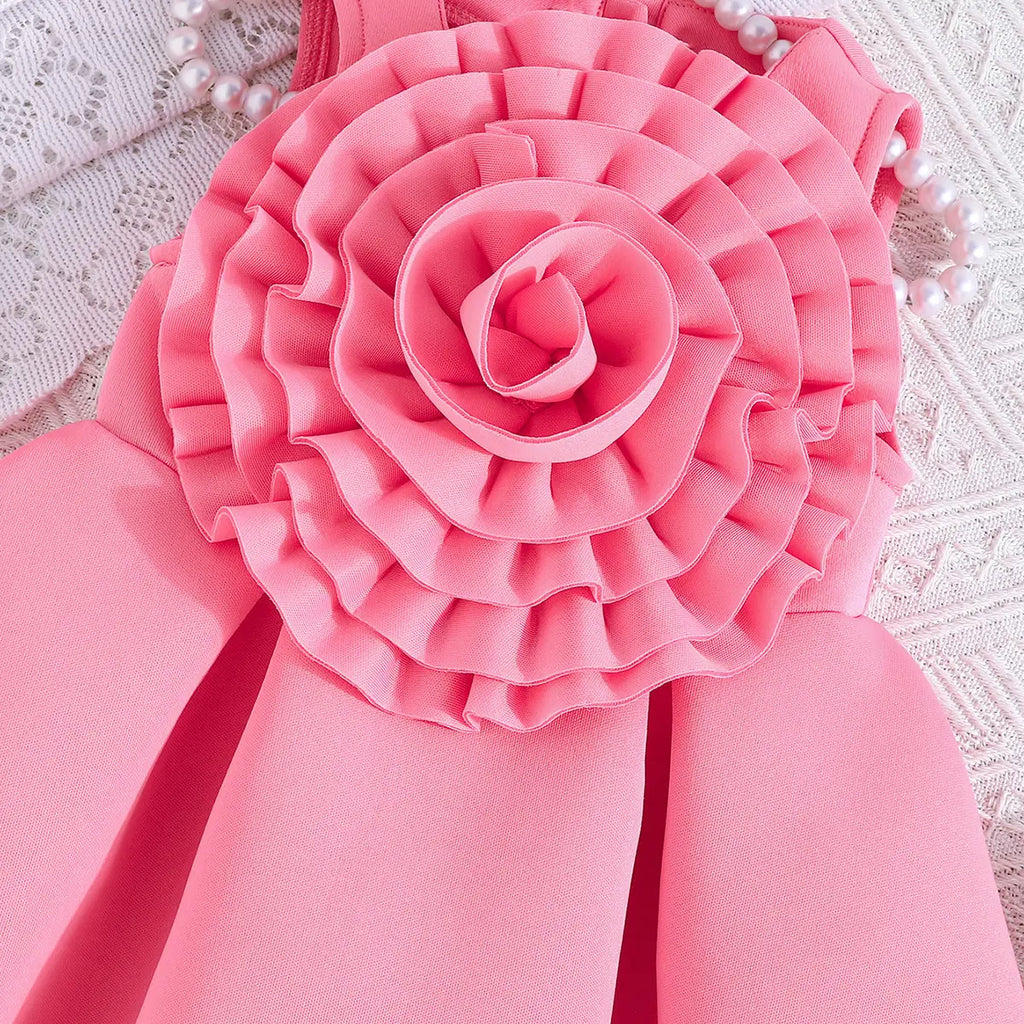 Girls Adorable Pink Sleeveless Dress with 3D Flower Embellishment Casual Dresses
