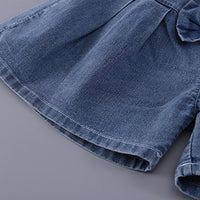 Girls Purple Cherry Embellished T-Shirt With Pleated Denim Shorts Set Sets