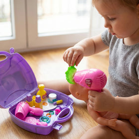 Kids Beauty Salon Play Set with Carry Case, 15-Piece Pretend Makeup & Hair Styling Kit Trending Accessories